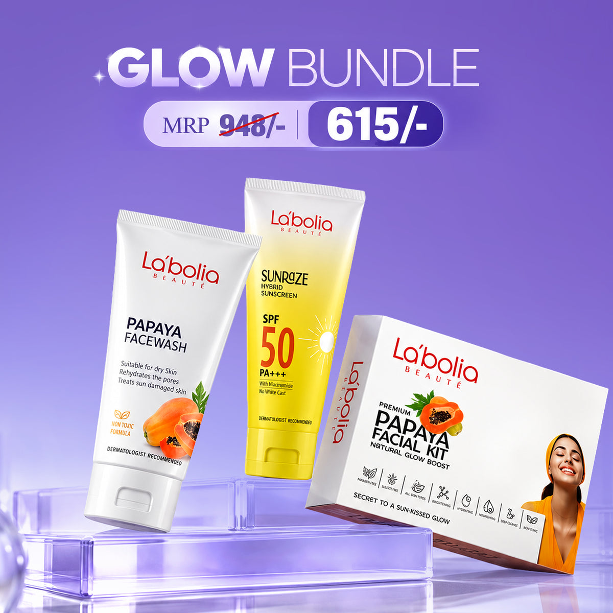 Labolia Beauté Glow Bundle – Papaya Facewash, Sunraze Sunscreen & Papaya Facial Kit